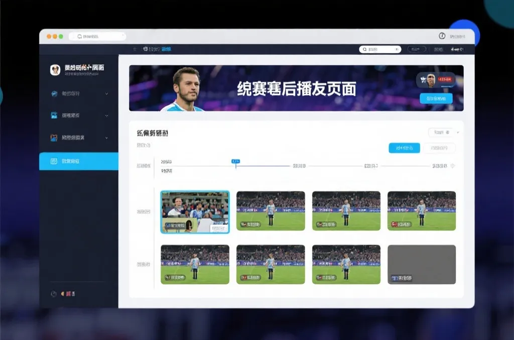 比赛结束后，电视屏幕展示集锦回放页面，旁边有时间轴和多角度切换提示